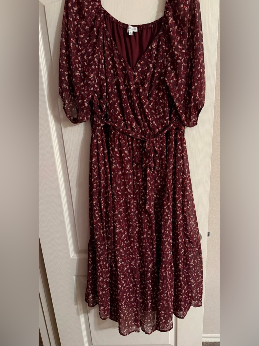 Luxology Burgundy Floral Wrap Midi Dress - XL